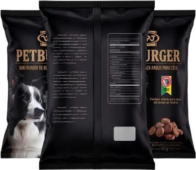 Três embalagens do PETBURGER, o verso ao centro e as frentes ao lado