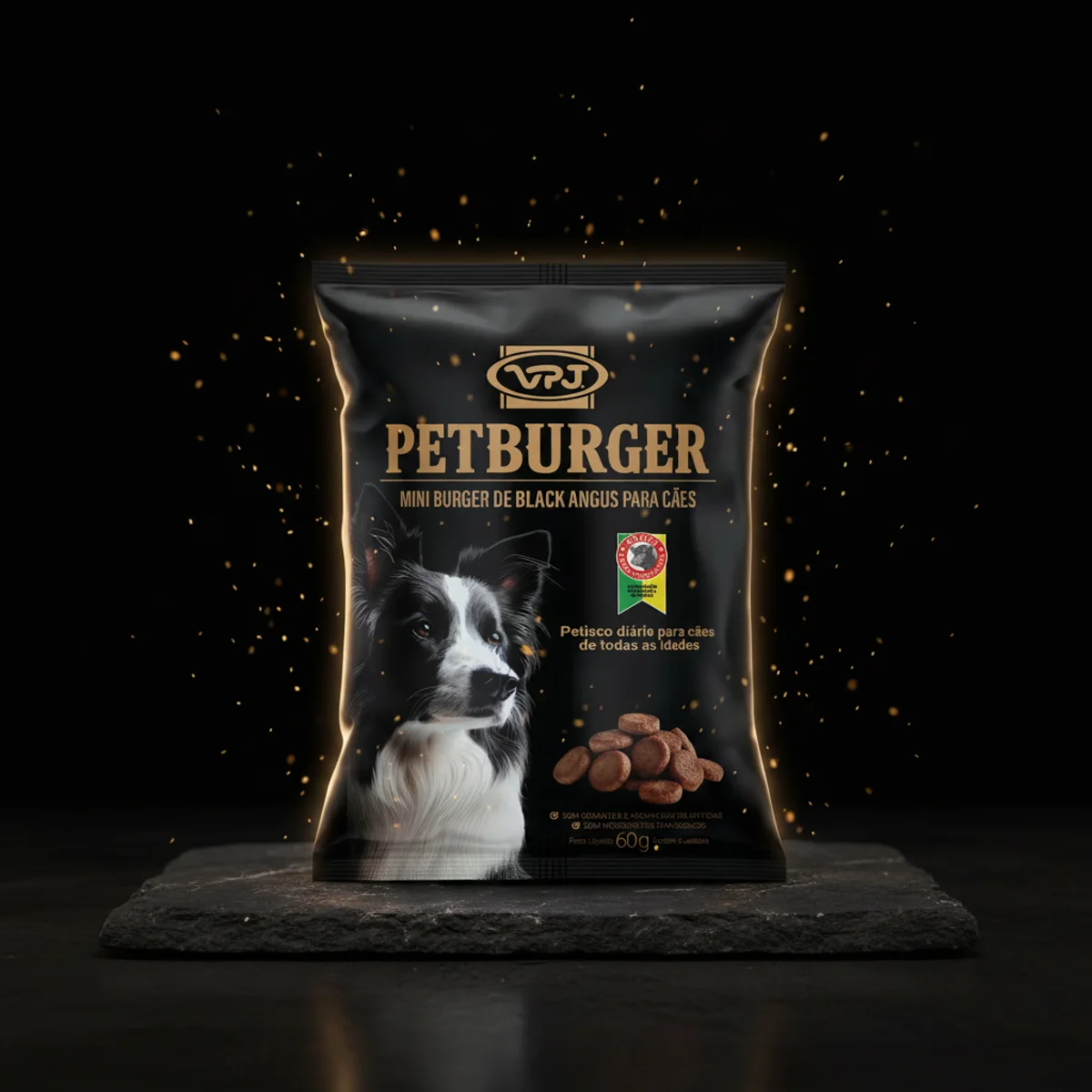 Pacote PETBURGER no escuro com fagulhas douradas