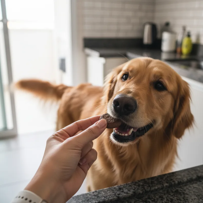 Golden Retriever ganhando um mini burger na cozinha