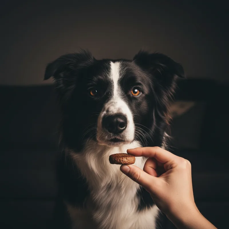 Cão encarando a câmera com o petisco na frente do focinho