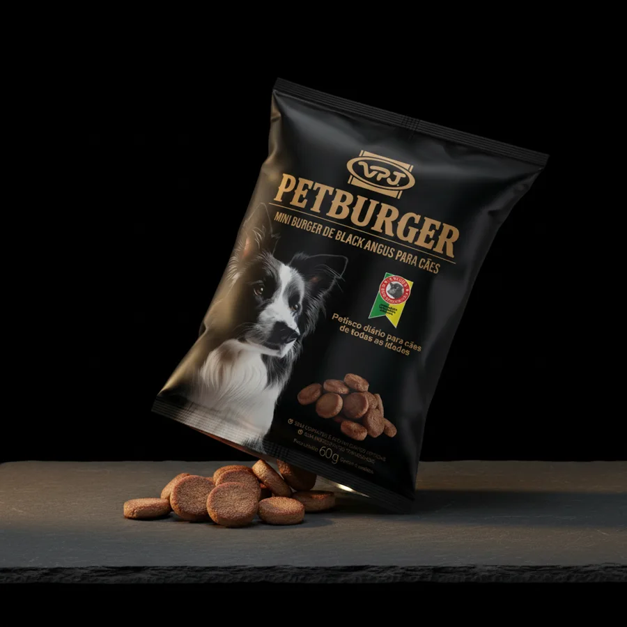 Embalagem do PETBURGER aberta com mini burgers saindo dela