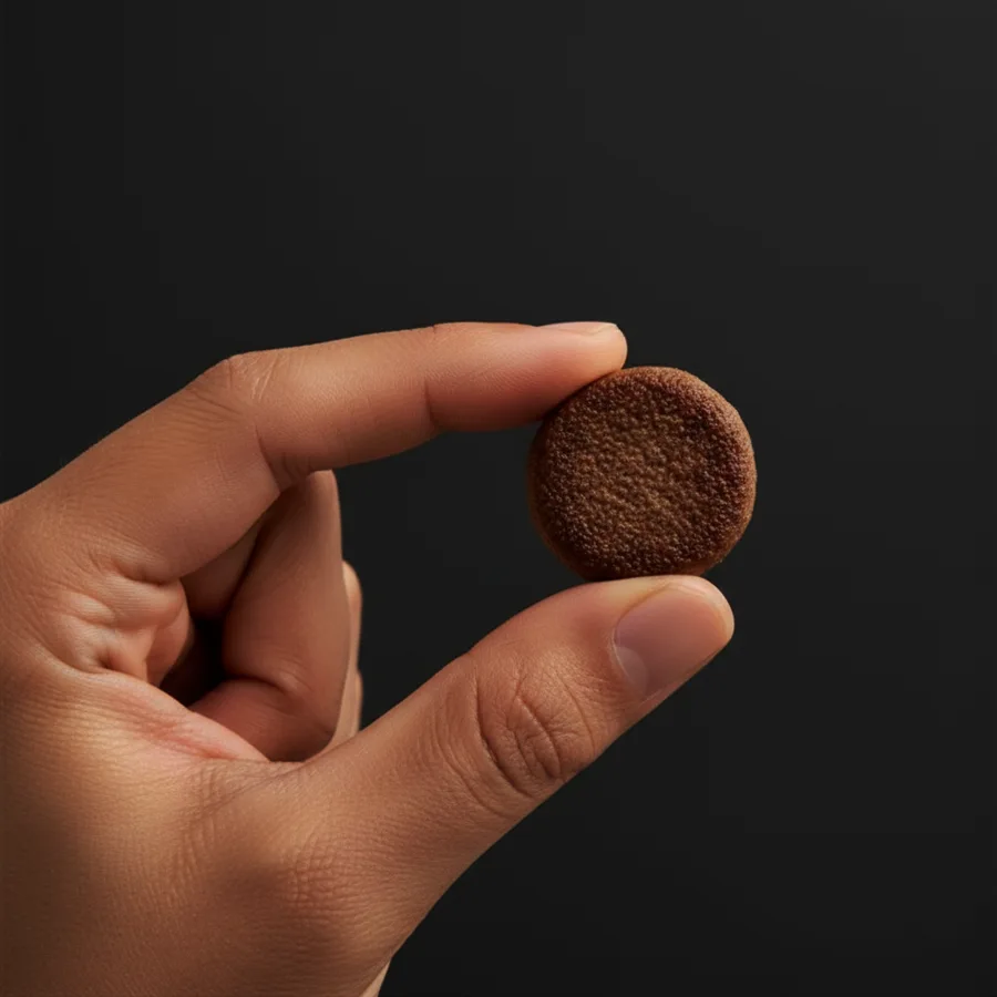 Mão segurando um mini burger de 3,5 centímetros entre os dedos
